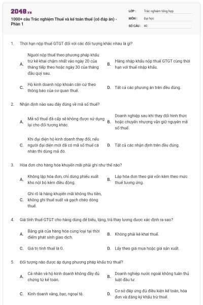 1000+ câu Trắc nghiệm Thuế và kế toán thuế (có đáp án) - Phần 1