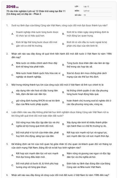 70 câu trắc nghiệm Lịch sử 12 Chân trời sáng tạo Bài 11 (Có đúng sai) có đáp án - Phần 3