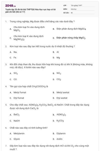 Tuyển tập 20 đề thi thử THPTQG Hóa Học cực hay có lời giải chi tiết (Đề số 17)