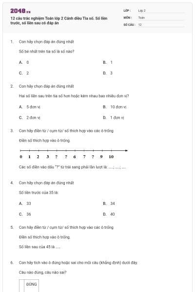 12 câu trắc nghiệm Toán lớp 2 Cánh diều Tia số. Số liền trước, số liền sau có đáp án
