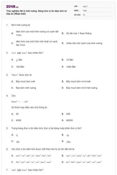 Trắc nghiệm Mi-li-mét vuông. Bảng đơn vị đo diện tích có đáp án (Nhận biết)