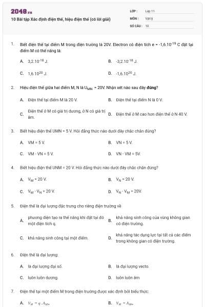 10 Bài tập Xác định điện thế, hiệu điện thế (có lời giải)