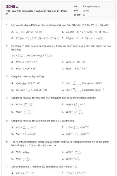 700+ câu Trắc nghiệm Xử lý số liệu tín hiệu đáp án - Phần 9