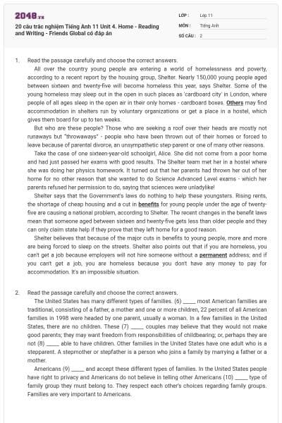 20 câu trắc nghiệm Tiếng Anh 11 Unit 4. Home - Reading and Writing - Friends Global có đáp án