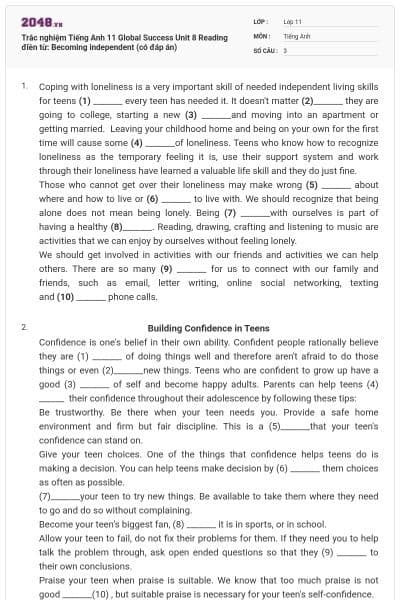 Trắc nghiệm Tiếng Anh 11 Global Success Unit 8 Reading điền từ: Becoming independent (có đáp án)