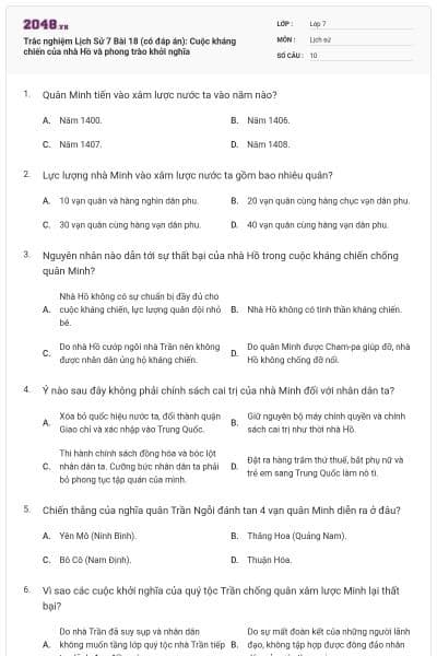 Trắc nghiệm Lịch Sử 7 Bài 18 (có đáp án): Cuộc kháng chiến của nhà Hồ và phong trào khởi nghĩa