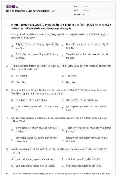 Bộ 4 đề thi giữa kì 2 Lịch sử 12 có đáp án - Đề 4