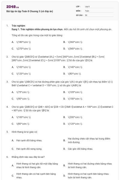 Bài tập ôn tập Toán 8 Chương 3 (có đáp án)