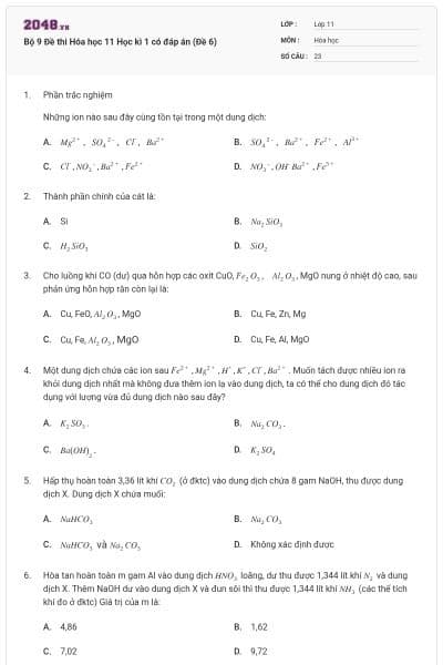 Bộ 9 Đề thi Hóa học 11 Học kì 1 có đáp án (Đề 6)