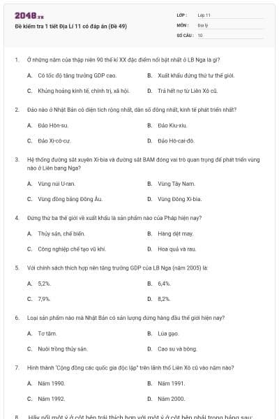 Đề kiểm tra 1 tiết Địa Lí 11 có đáp án (Đề 49)