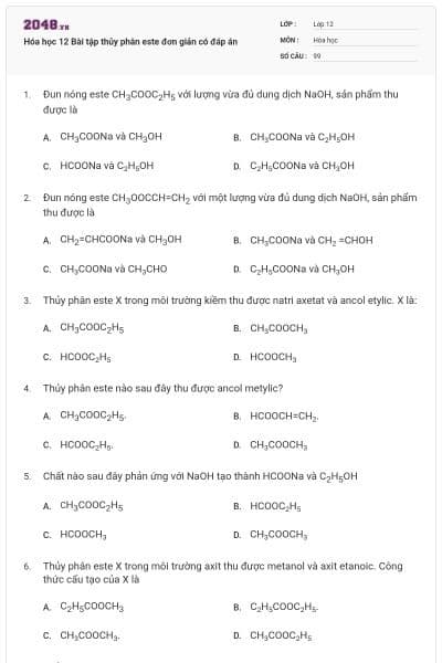 Hóa học 12 Bài tập thủy phân este đơn giản có đáp án