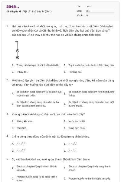 Đề thi giữa kì 1 Vật Lí 11 có đáp án (Đề 1)