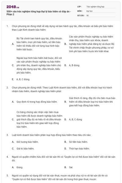 500+ câu trắc nghiệm tổng hợp Đại lý bảo hiểm có đáp án - Phần 2