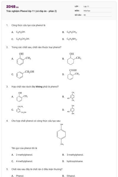 Trắc nghiệm Phenol lớp 11 (có đáp án - phần 2)