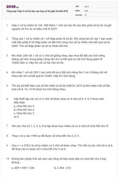 Tổng hợp Toán 4 có lời văn cực hay có lời giải chi tiết (P3)