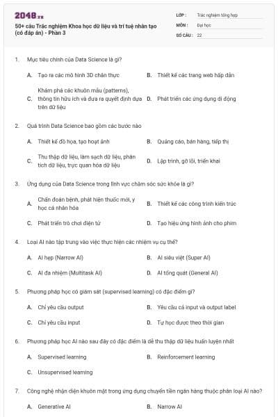 50+ câu Trắc nghiệm Khoa học dữ liệu và trí tuệ nhân tạo (có đáp án) - Phần 3