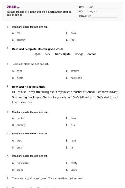 Bộ 5 đề thi giữa kì 2 Tiếng anh lớp 4 iLearn Smart start có đáp án (Đề 5)