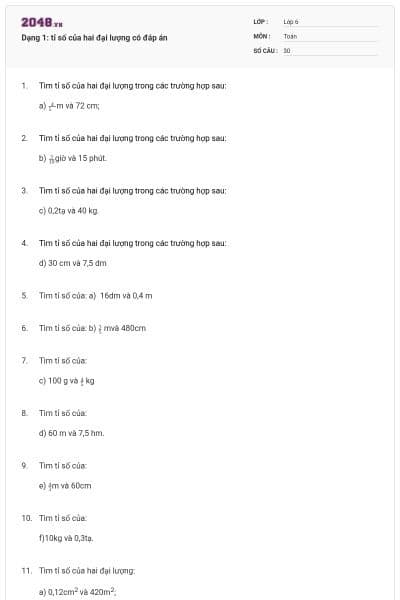 Dạng 1: tỉ số của hai đại lượng có đáp án