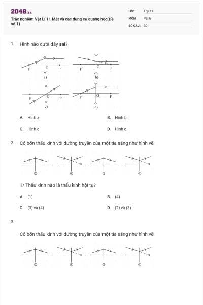 Trắc nghiệm Vật Lí 11 Mắt và các dụng cụ quang học(Đề số 1)