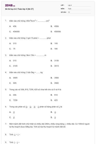 Đề thi học kì 2 Toán lớp 4 (Đề 27)