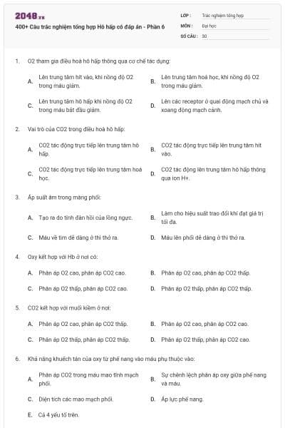400+ Câu trắc nghiệm tổng hợp Hô hấp có đáp án - Phần 6