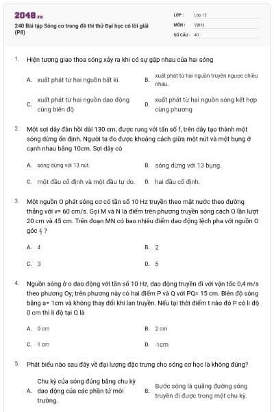 240 Bài tập Sóng cơ trong đề thi thử Đại học có lời giải (P8)