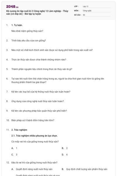 Đề cương ôn tập cuối kì 2 Công nghệ 12 Lâm nghiệp - Thủy sản (có đáp án) - Bài tập tự luyện