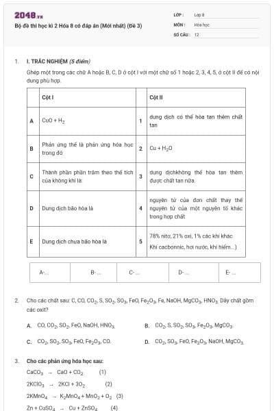 Bộ đề thi học kì 2 Hóa 8 có đáp án (Mới nhất) (Đề 3)