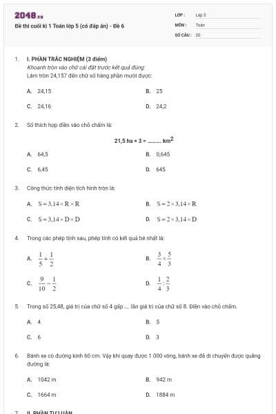 Đề thi cuối kì 1 Toán lớp 5 (có đáp án) - Đề 6