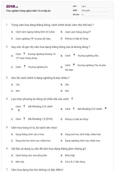 Trắc nghiệm Công nghệ 6 Bài 14 có đáp án