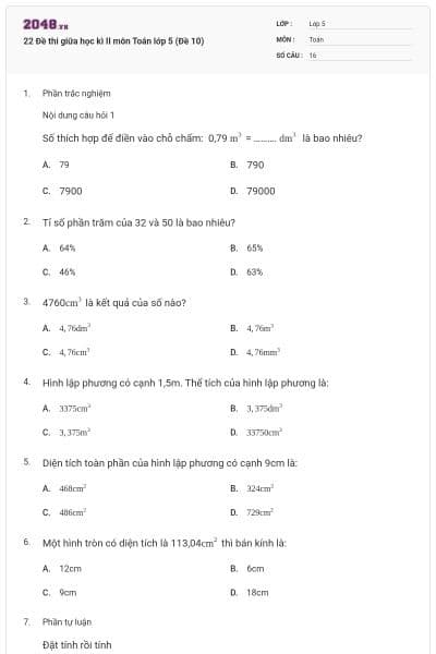 22 Đề thi giữa học kì II môn Toán lớp 5 (Đề 10)