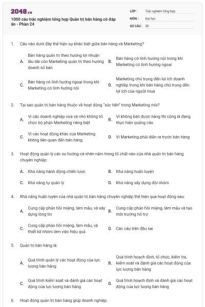 1000 câu trắc nghiệm tổng hợp Quản trị bán hàng có đáp án - Phần 24