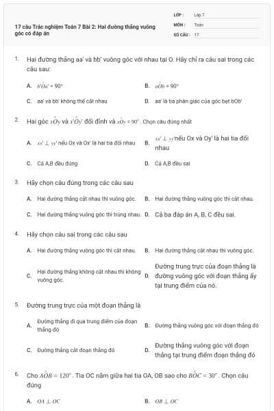 17 câu Trắc nghiệm Toán 7 Bài 2: Hai đường thẳng vuông góc có đáp án