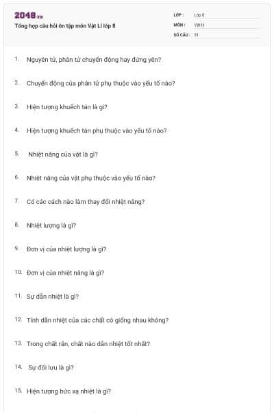 Tổng hợp câu hỏi ôn tập môn Vật Lí lớp 8