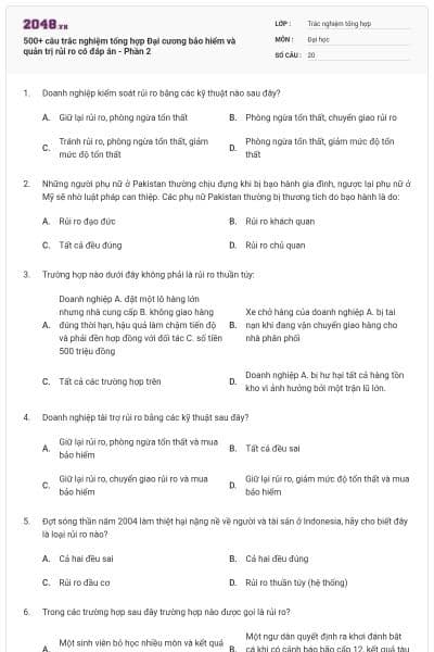 500+ câu trắc nghiệm tổng hợp Đại cương bảo hiểm và quản trị rủi ro có đáp án - Phần 2