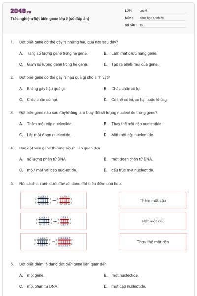 Trắc nghiệm Đột biến gene lớp 9 (có đáp án)