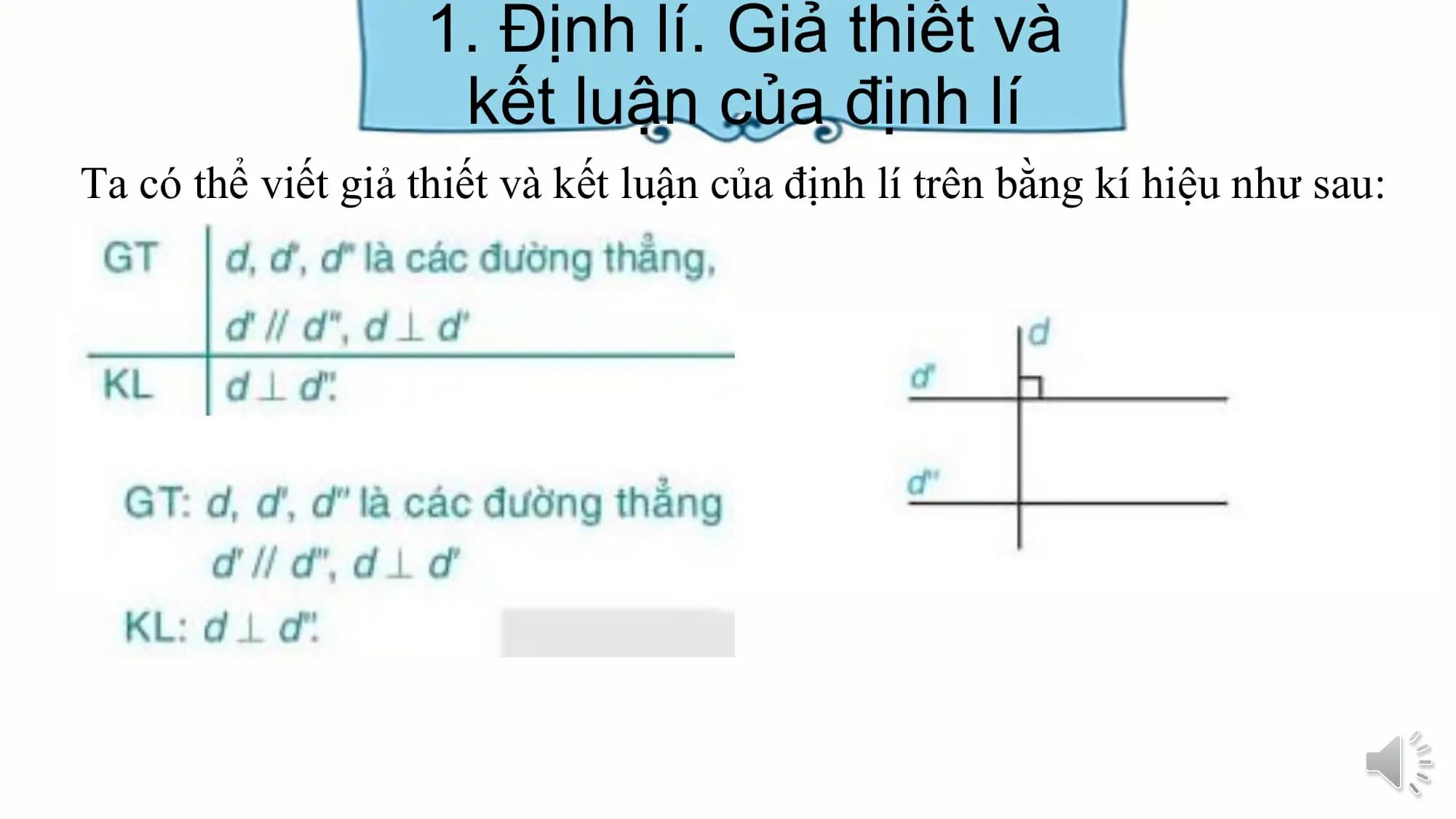 1. Định lí. Giả thiết và
 kết luận của định lí
Ta có thể viết giả thiết và kết luận của định lí trên bằng kí hiệu như sau:
