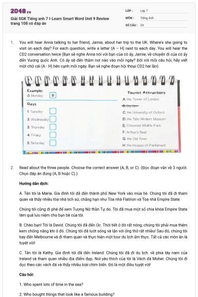 Giải SGK Tiếng anh 7 I-Learn Smart Word Unit 9 Review trang 108 có đáp án