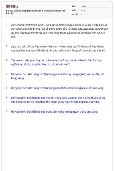 Bài 32: Vấn đề khai thác thế mạnh ở Trung du và miền núi Bắc Bộ