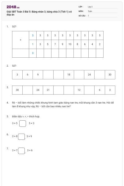 Giải SBT Toán 3 Bài 5: Bảng nhân 3, bảng chia 3 (Tiết 1) có đáp án
