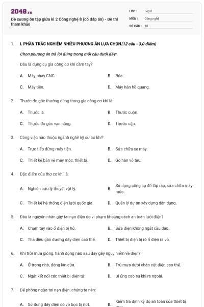 Đề cương ôn tập giữa kì 2 Công nghệ 8 (có đáp án) - Đề thi tham khảo