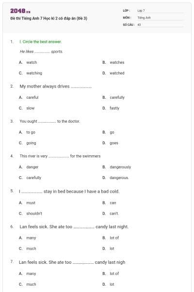 Đề thi Tiếng Anh 7 Học kì 2 có đáp án (Đề 3)