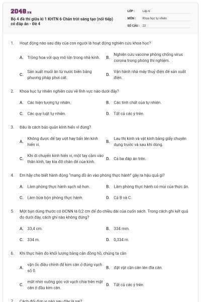 Bộ 4 đề thi giữa kì 1 KHTN 6 Chân trời sáng tạo (nối tiếp) có đáp án - Đề 4