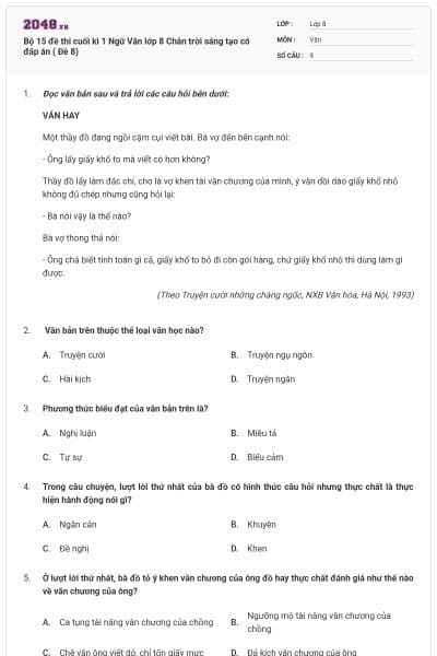 Bộ 15 đề thi cuối kì 1 Ngữ Văn lớp 8 Chân trời sáng tạo  có đáp án ( Đề 8)