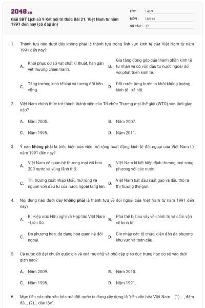 Giải SBT Lịch sử 9 Kết nối tri thức Bài 21. Việt Nam từ năm 1991 đến nay (có đáp án)