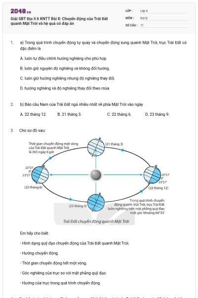 Giải SBT Địa lí 6 KNTT Bài 8: Chuyển động của Trái Đất quanh Mặt Trời và hệ quả có đáp án