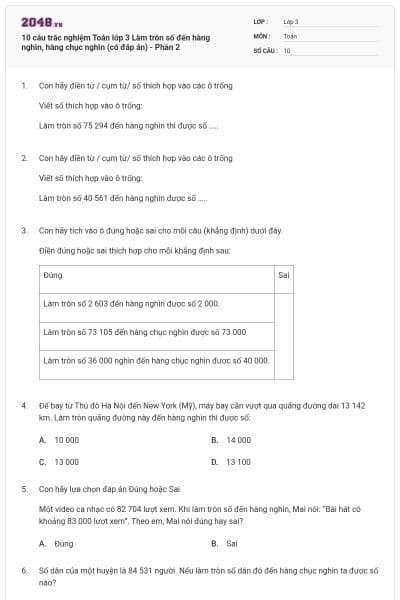 10 câu trắc nghiệm Toán lớp 3 Làm tròn số đến hàng nghìn, hàng chục nghìn (có đáp án) - Phần 2