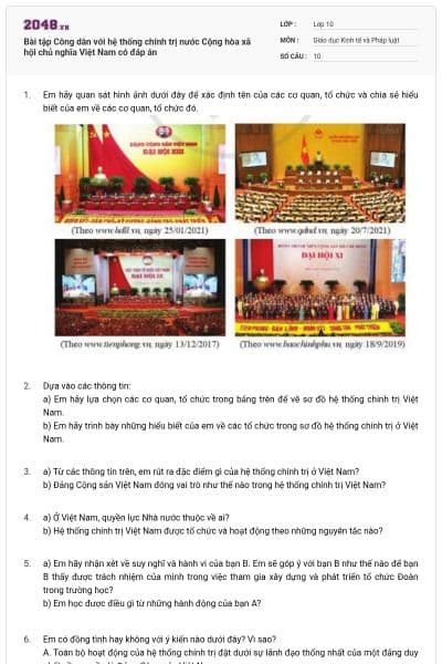 Bài tập Công dân với hệ thống chính trị nước Cộng hòa xã hội chủ nghĩa Việt Nam có đáp án