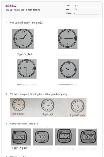Giải VBT Toán 3 Bài 13: Xem đồng hồ