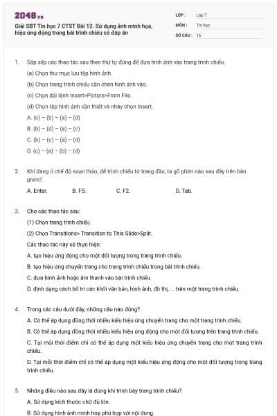 Giải SBT Tin học 7 CTST Bài 12. Sử dụng ảnh minh họa, hiệu ứng động trong bài trình chiếu có đáp án